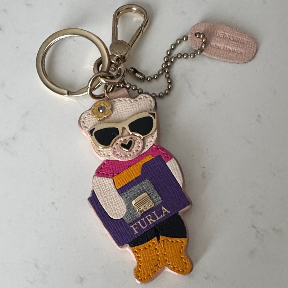 Furla Bear Leather Keychain with Pink and Purple Details